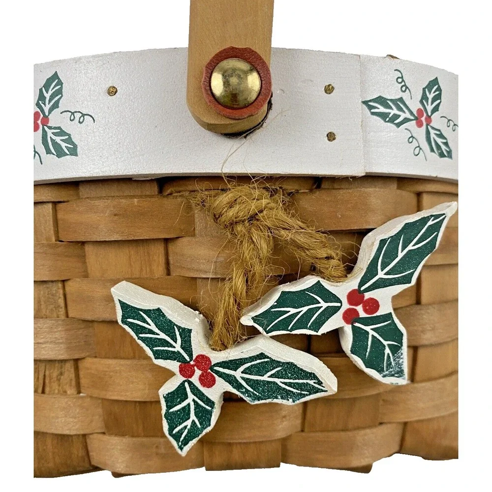 Wooden Woven Holiday Christmas Oval Baskets Porcelain Handle & Holly Leaves NEW